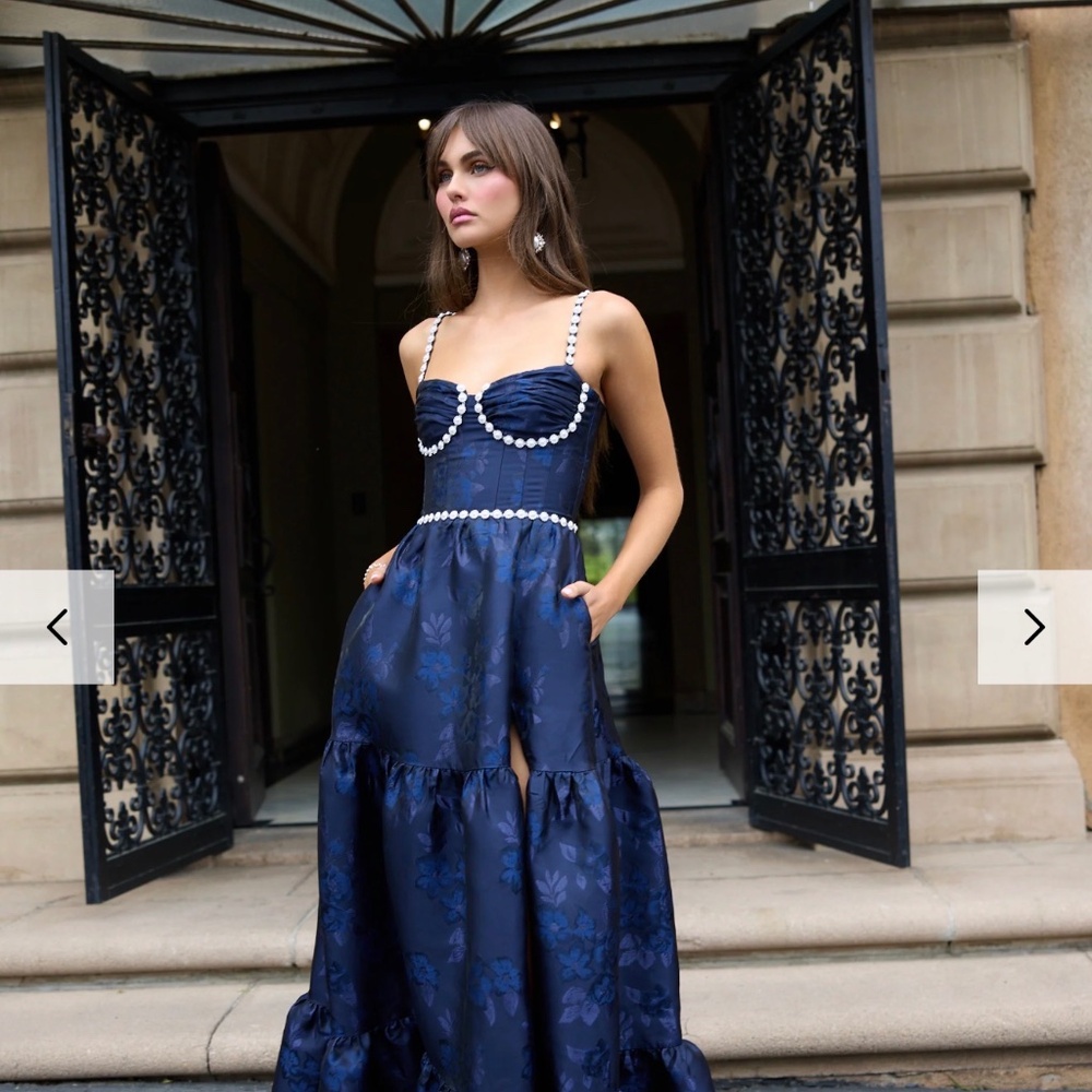 V. Chapman Navy Blue Strapless Pearl-Trimmed Evening Dress